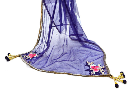 Deep Blue Net Hand Embroidered Dupatta by Anamika Khanna Bridal Zardozi Stole Indian Wedding Veil Designer Couture Scarf