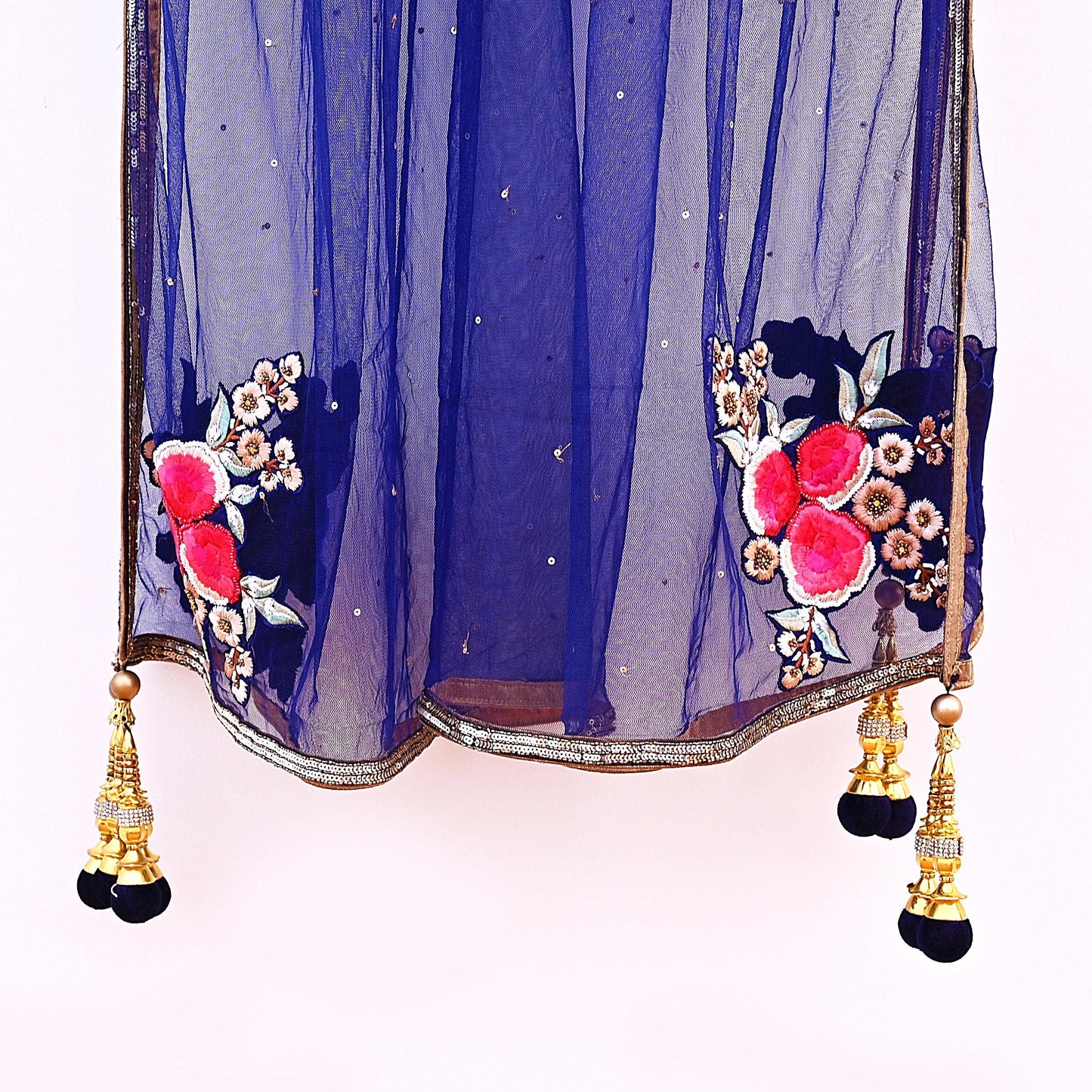 Deep Blue Net Hand Embroidered Dupatta by Anamika Khanna Bridal Zardozi Stole Indian Wedding Veil Designer Couture Scarf