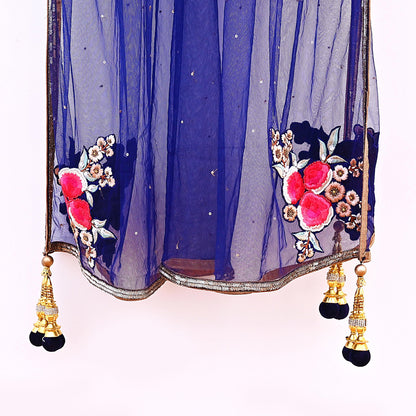 Deep Blue Net Hand Embroidered Dupatta by Anamika Khanna Bridal Zardozi Stole Indian Wedding Veil Designer Couture Scarf