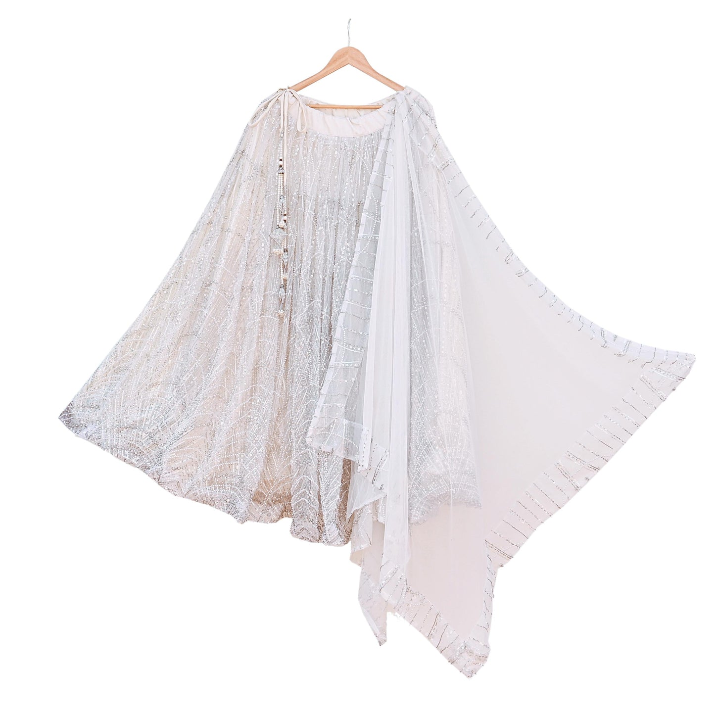 White Heavy Hand Embroidered Lehenga Set Bridal Net Lehenga Padded Blouse/Choli & Dupatta Indian Wedding Outfit Sequins Beaded 3pc Set