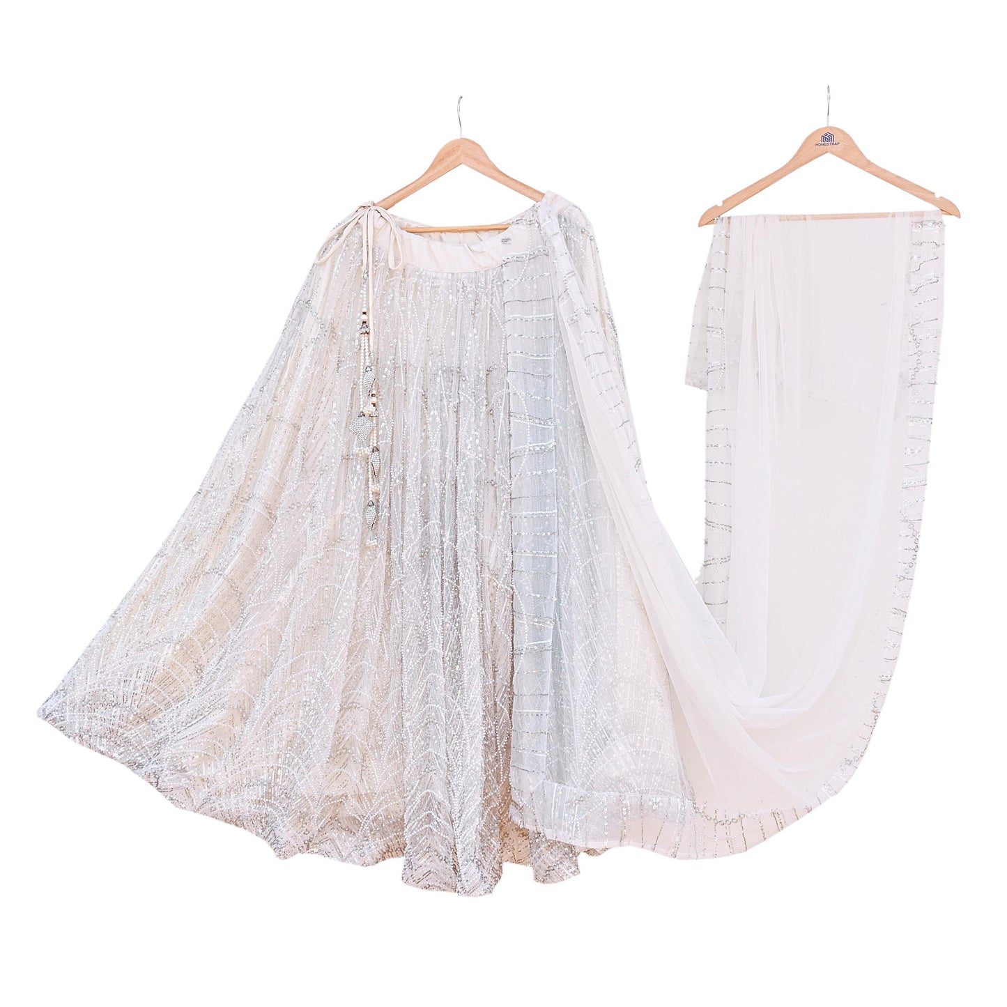 White Heavy Hand Embroidered Lehenga Set Bridal Net Lehenga Padded Blouse/Choli & Dupatta Indian Wedding Outfit Sequins Beaded 3pc Set