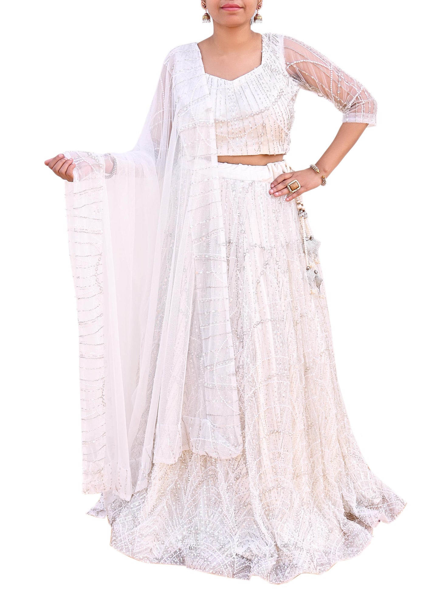 White Heavy Hand Embroidered Lehenga Set Bridal Net Lehenga Padded Blouse/Choli & Dupatta Indian Wedding Outfit Sequins Beaded 3pc Set