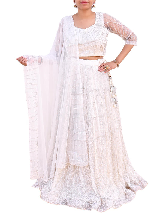 White Heavy Hand Embroidered Lehenga Set Bridal Net Lehenga Padded Blouse/Choli & Dupatta Indian Wedding Outfit Sequins Beaded 3pc Set