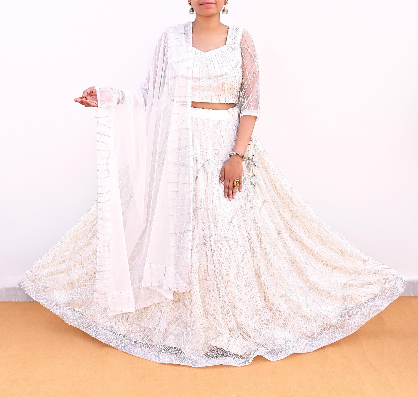 White Heavy Hand Embroidered Lehenga Set Bridal Net Lehenga Padded Blouse/Choli & Dupatta Indian Wedding Outfit Sequins Beaded 3pc Set