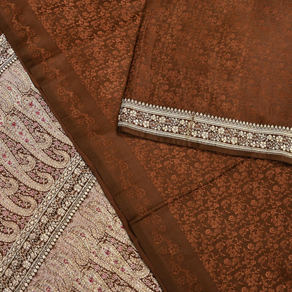Vintage Brown Banarasi Silk Saree Pure Satin Silk Handwoven Tanchoi Fabric with Paisley Weave 5 Yard Dressmaking Craft Material