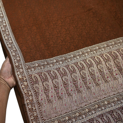 Vintage Brown Banarasi Silk Saree Pure Satin Silk Handwoven Tanchoi Fabric with Paisley Weave 5 Yard Dressmaking Craft Material