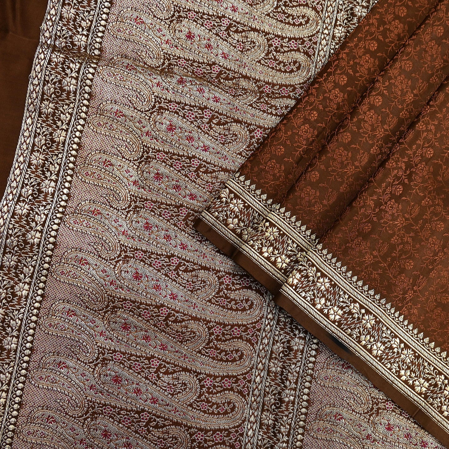 Vintage Brown Banarasi Silk Saree Pure Satin Silk Handwoven Tanchoi Fabric with Paisley Weave 5 Yard Dressmaking Craft Material