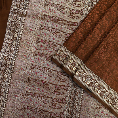 Vintage Brown Banarasi Silk Saree Pure Satin Silk Handwoven Tanchoi Fabric with Paisley Weave 5 Yard Dressmaking Craft Material