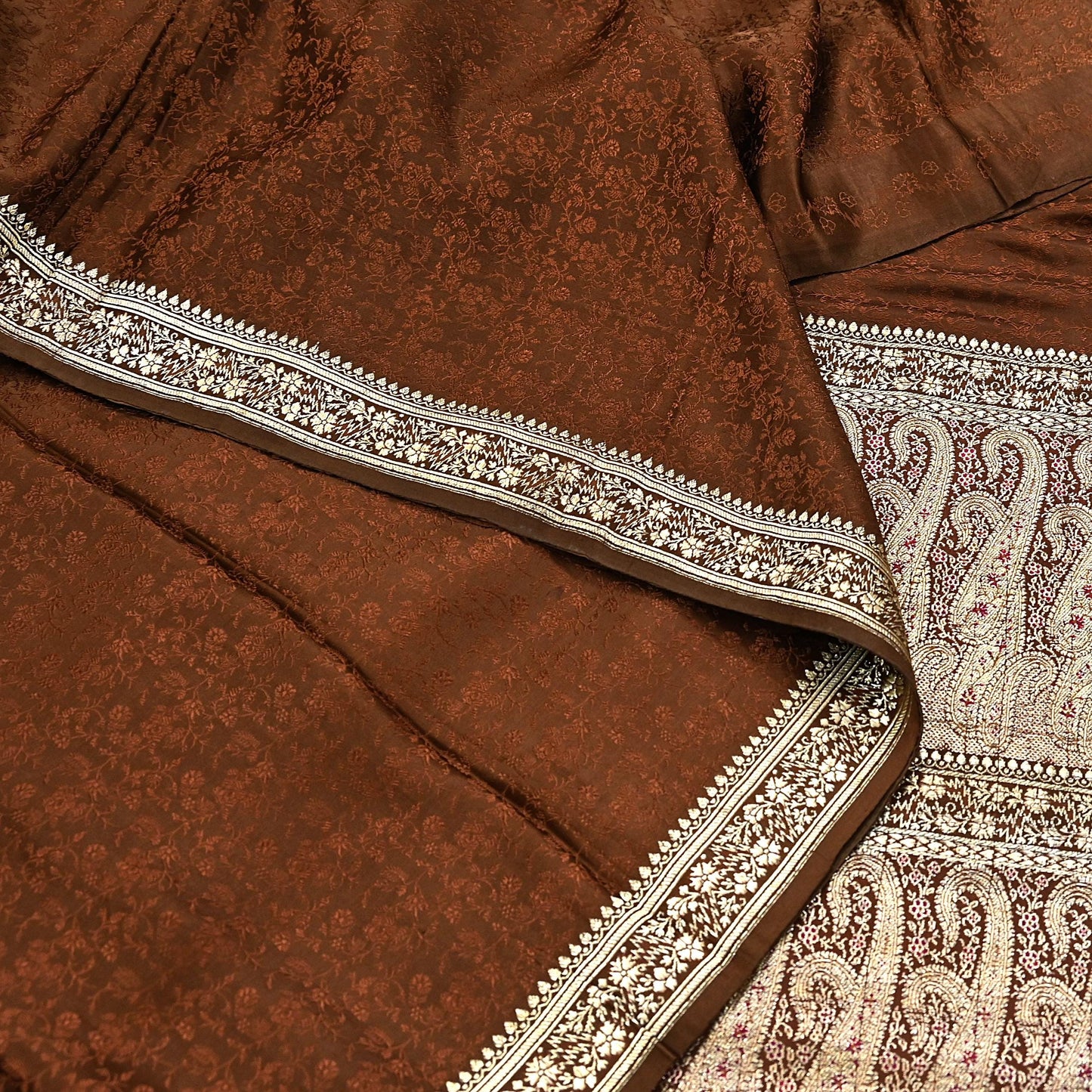 Vintage Brown Banarasi Silk Saree Pure Satin Silk Handwoven Tanchoi Fabric with Paisley Weave 5 Yard Dressmaking Craft Material