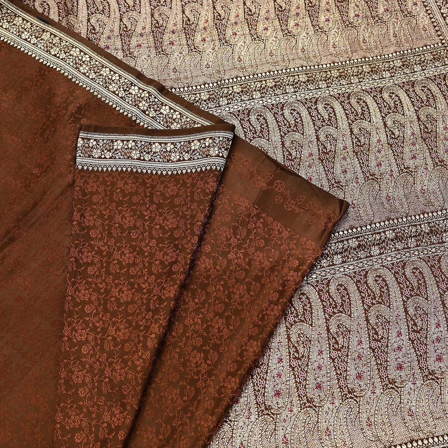 Vintage Brown Banarasi Silk Saree Pure Satin Silk Handwoven Tanchoi Fabric with Paisley Weave 5 Yard Dressmaking Craft Material