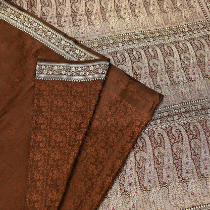 Vintage Brown Banarasi Silk Saree Pure Satin Silk Handwoven Tanchoi Fabric with Paisley Weave 5 Yard Dressmaking Craft Material