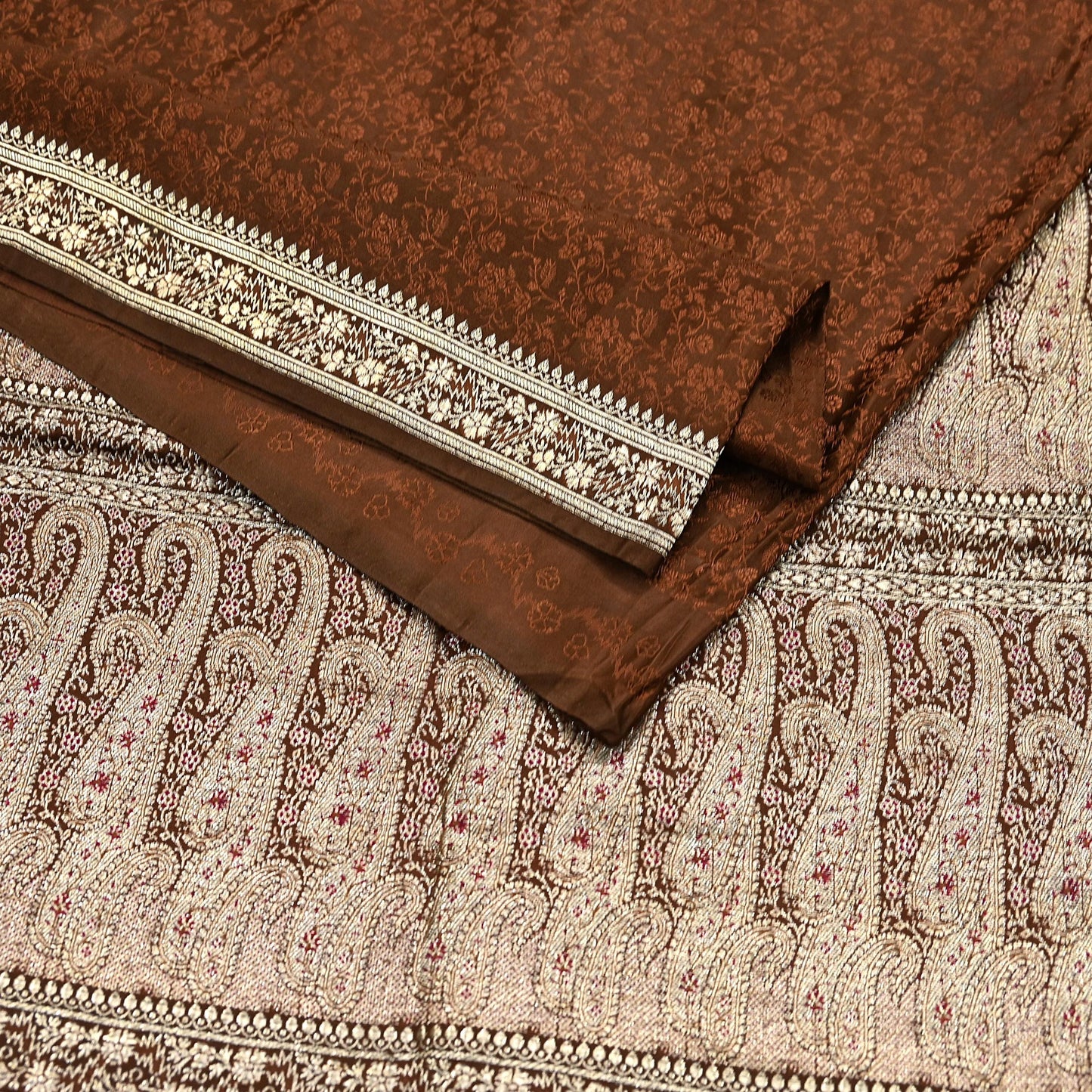 Vintage Brown Banarasi Silk Saree Pure Satin Silk Handwoven Tanchoi Fabric with Paisley Weave 5 Yard Dressmaking Craft Material