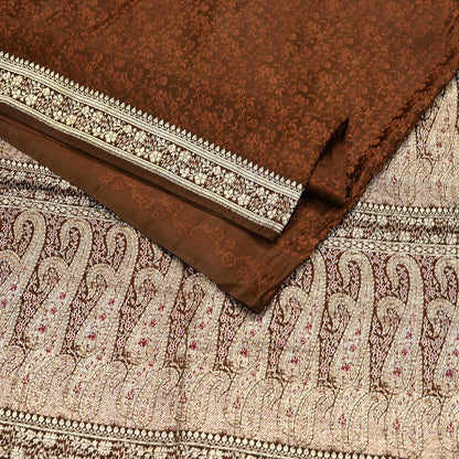 Vintage Brown Banarasi Silk Saree Pure Satin Silk Handwoven Tanchoi Fabric with Paisley Weave 5 Yard Dressmaking Craft Material