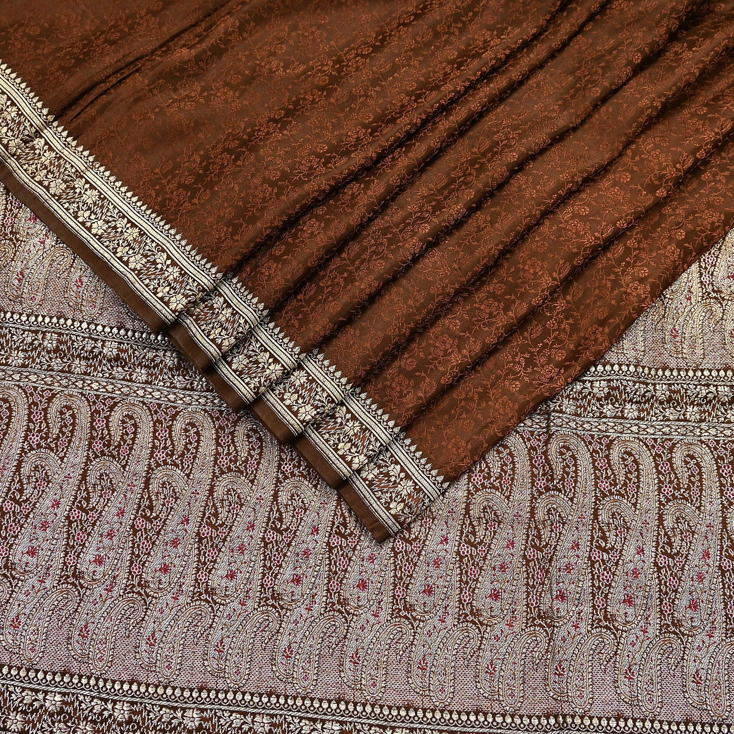 Vintage Brown Banarasi Silk Saree Pure Satin Silk Handwoven Tanchoi Fabric with Paisley Weave 5 Yard Dressmaking Craft Material
