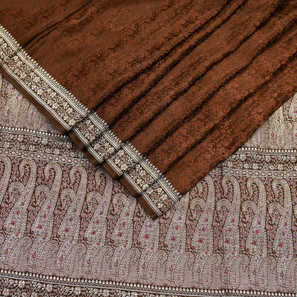 Vintage Brown Banarasi Silk Saree Pure Satin Silk Handwoven Tanchoi Fabric with Paisley Weave 5 Yard Dressmaking Craft Material