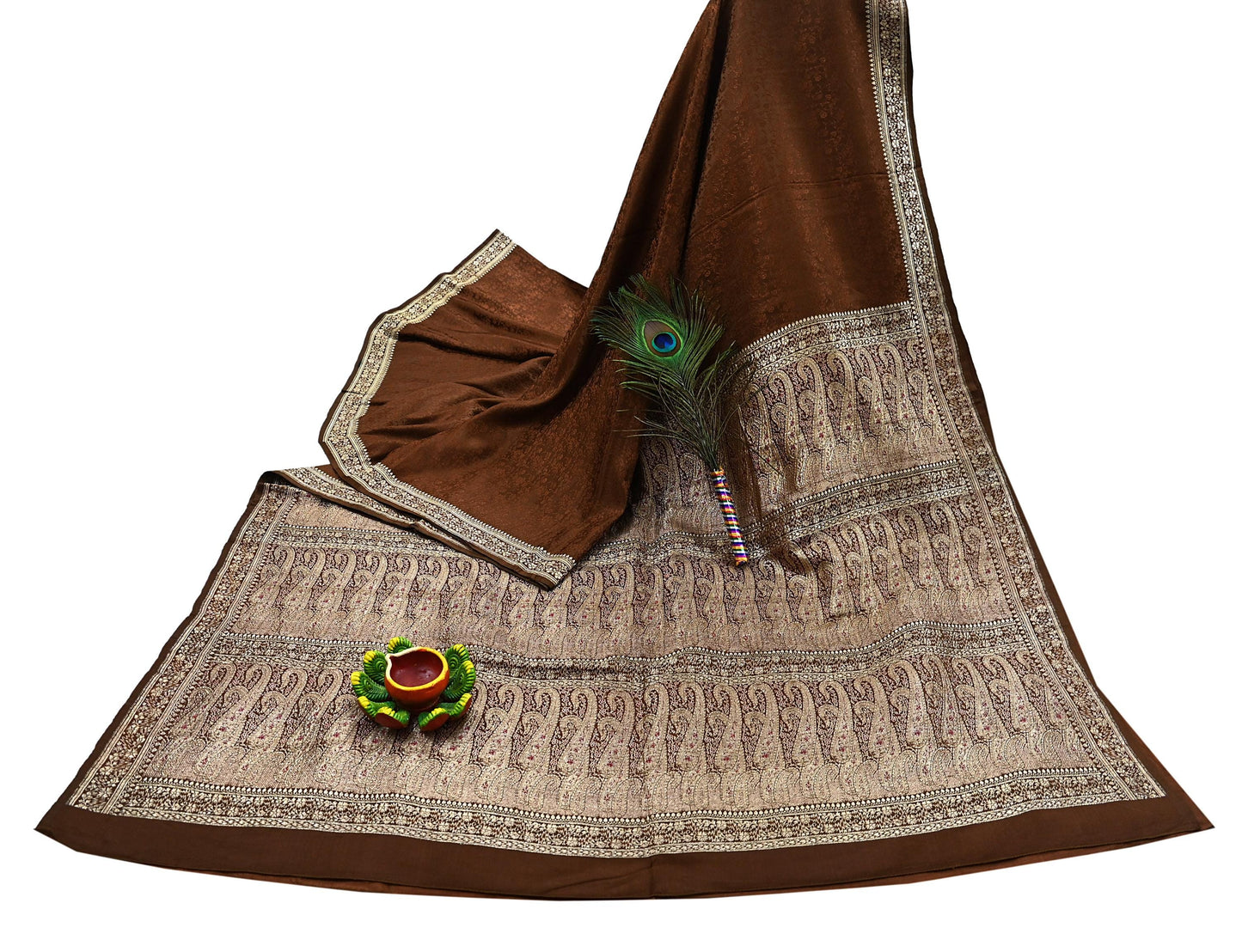 Vintage Brown Banarasi Silk Saree Pure Satin Silk Handwoven Tanchoi Fabric with Paisley Weave 5 Yard Dressmaking Craft Material