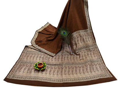 Vintage Brown Banarasi Silk Saree Pure Satin Silk Handwoven Tanchoi Fabric with Paisley Weave 5 Yard Dressmaking Craft Material
