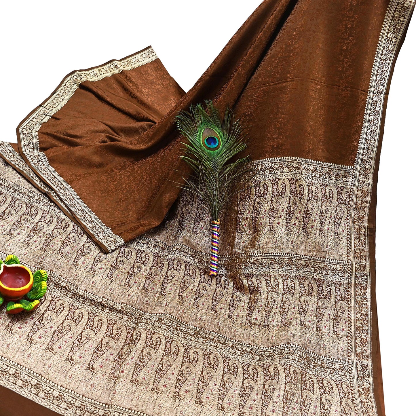 Vintage Brown Banarasi Silk Saree Pure Satin Silk Handwoven Tanchoi Fabric with Paisley Weave 5 Yard Dressmaking Craft Material