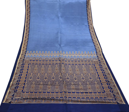 Vintage Blue Banarasi Silk Saree Pure Satin Silk Handwoven Tanchoi Fabric with Floral Weave 5 Yard Dressmaking Craft Material