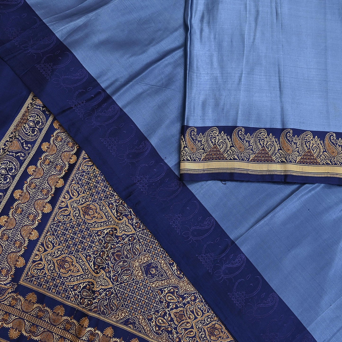 Vintage Blue Banarasi Silk Saree Pure Satin Silk Handwoven Tanchoi Fabric with Floral Weave 5 Yard Dressmaking Craft Material