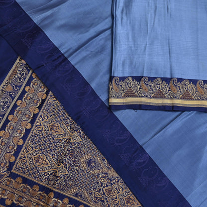 Vintage Blue Banarasi Silk Saree Pure Satin Silk Handwoven Tanchoi Fabric with Floral Weave 5 Yard Dressmaking Craft Material