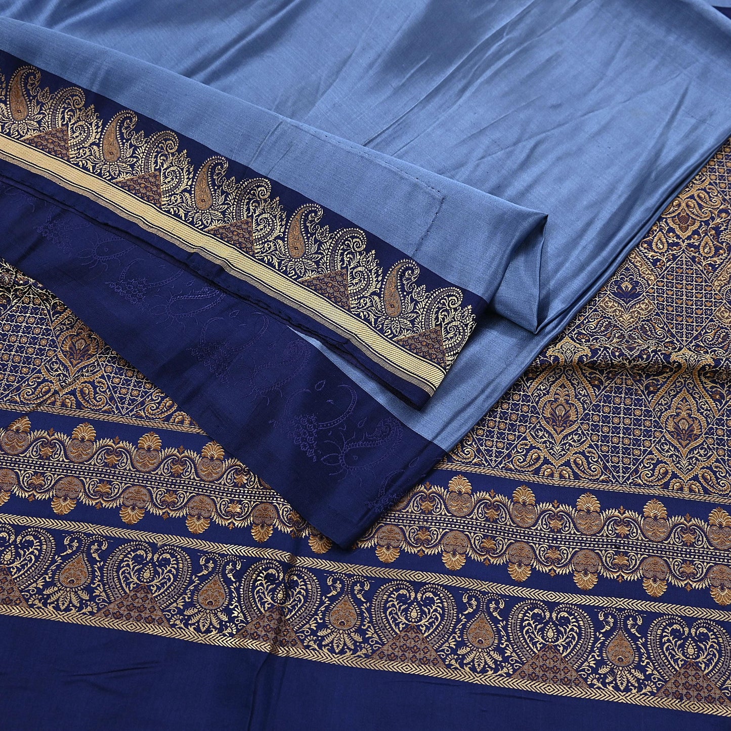 Vintage Blue Banarasi Silk Saree Pure Satin Silk Handwoven Tanchoi Fabric with Floral Weave 5 Yard Dressmaking Craft Material