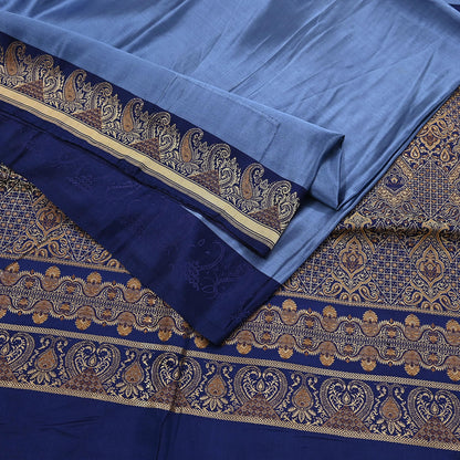 Vintage Blue Banarasi Silk Saree Pure Satin Silk Handwoven Tanchoi Fabric with Floral Weave 5 Yard Dressmaking Craft Material
