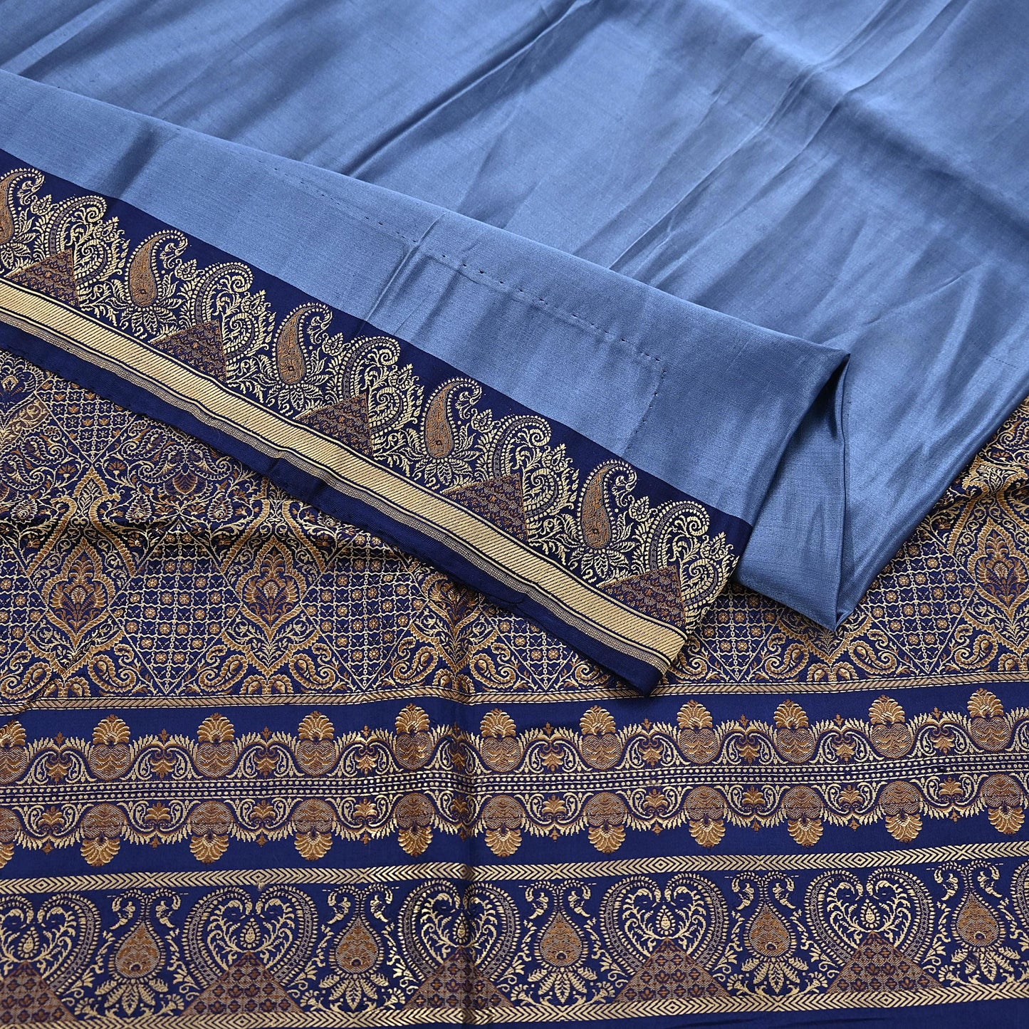 Vintage Blue Banarasi Silk Saree Pure Satin Silk Handwoven Tanchoi Fabric with Floral Weave 5 Yard Dressmaking Craft Material