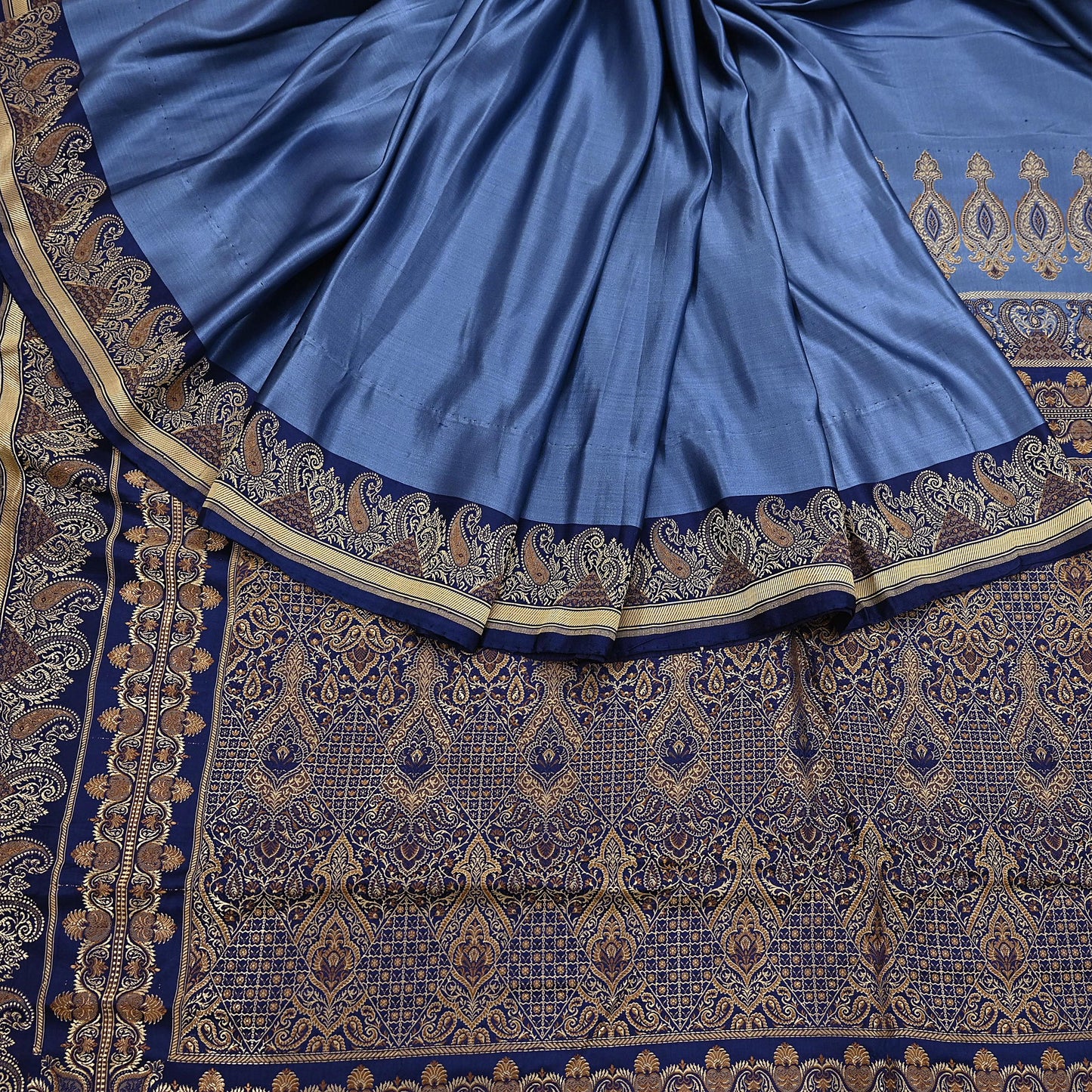 Vintage Blue Banarasi Silk Saree Pure Satin Silk Handwoven Tanchoi Fabric with Floral Weave 5 Yard Dressmaking Craft Material