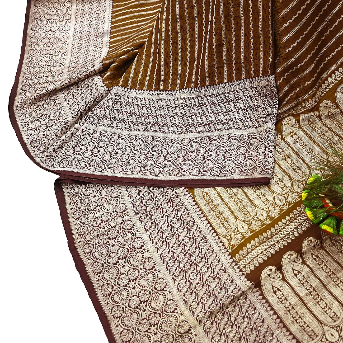 Vintage Green Banarasi Silk Saree Pure Satin Silk Handwoven Tanchoi Fabric with Paisley Weave 5 Yard Dressmaking Craft Material