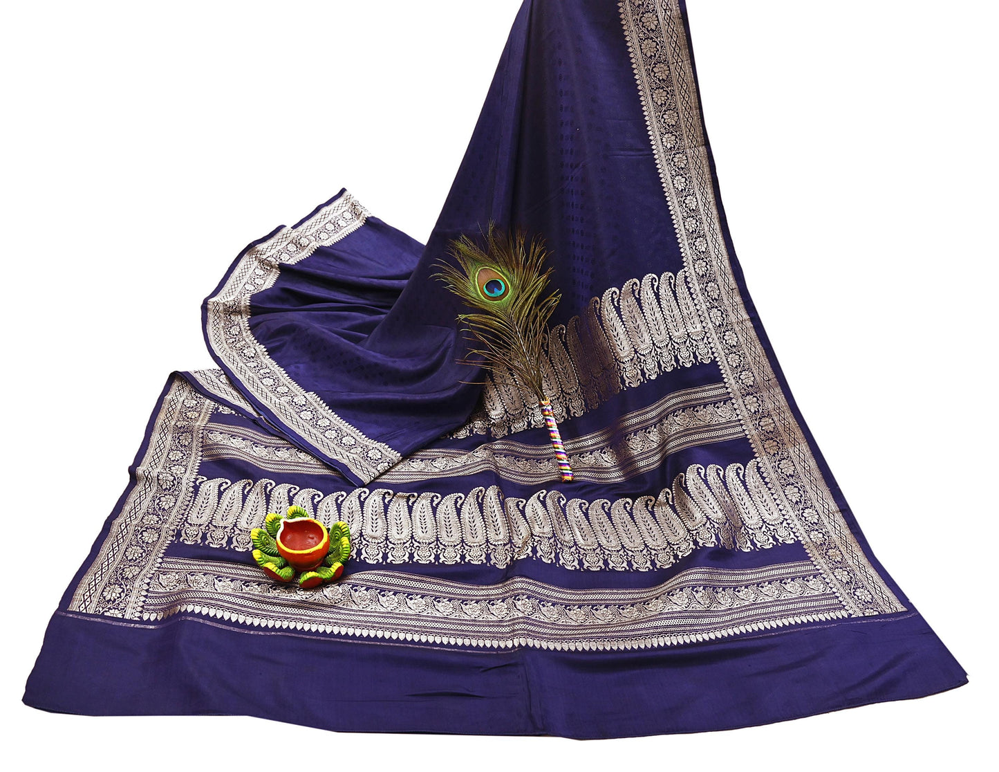 Vintage Banarasi Saree Pure Satin Silk Woven Brocade Zari Fabric Blue Heavy Craft Sari 5 Yards Indian Antique Textile Dress Making