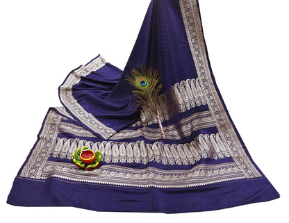 Vintage Banarasi Saree Pure Satin Silk Woven Brocade Zari Fabric Blue Heavy Craft Sari 5 Yards Indian Antique Textile Dress Making