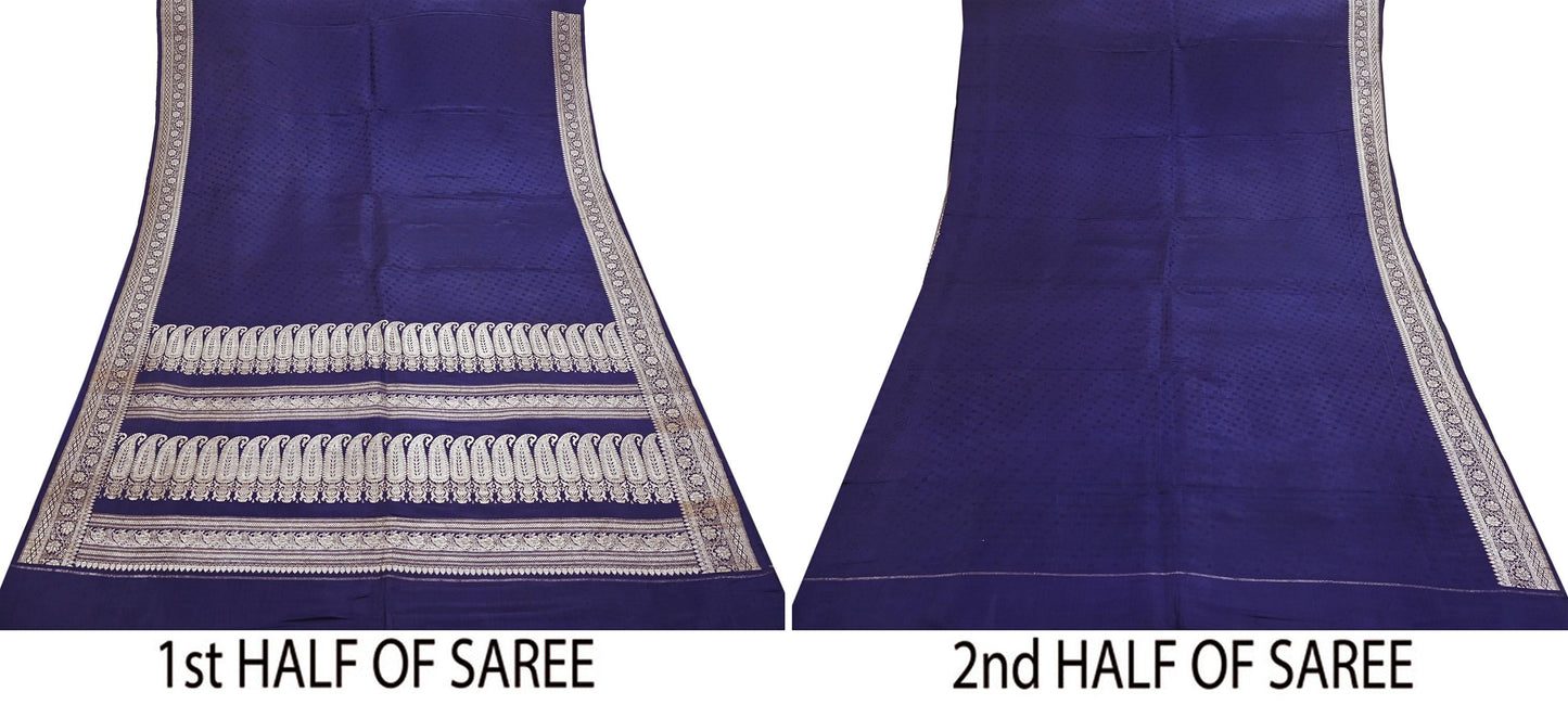 Vintage Banarasi Saree Pure Satin Silk Woven Brocade Zari Fabric Blue Heavy Craft Sari 5 Yards Indian Antique Textile Dress Making