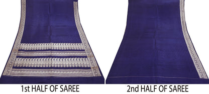 Vintage Banarasi Saree Pure Satin Silk Woven Brocade Zari Fabric Blue Heavy Craft Sari 5 Yards Indian Antique Textile Dress Making