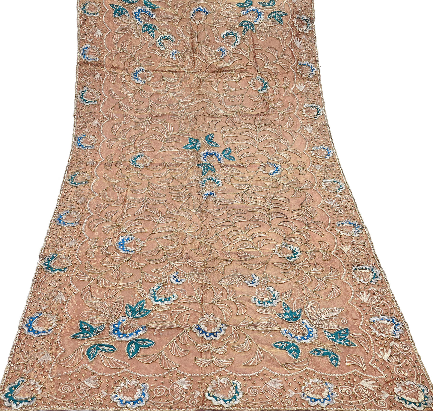 Indian Vintage Heavy Golden Dupatta Tissue Silk Long Stole Hand Embroidered Scarf Zari Zardozi/Dabka