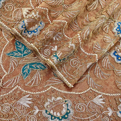Indian Vintage Heavy Golden Dupatta Tissue Silk Long Stole Hand Embroidered Scarf Zari Zardozi/Dabka
