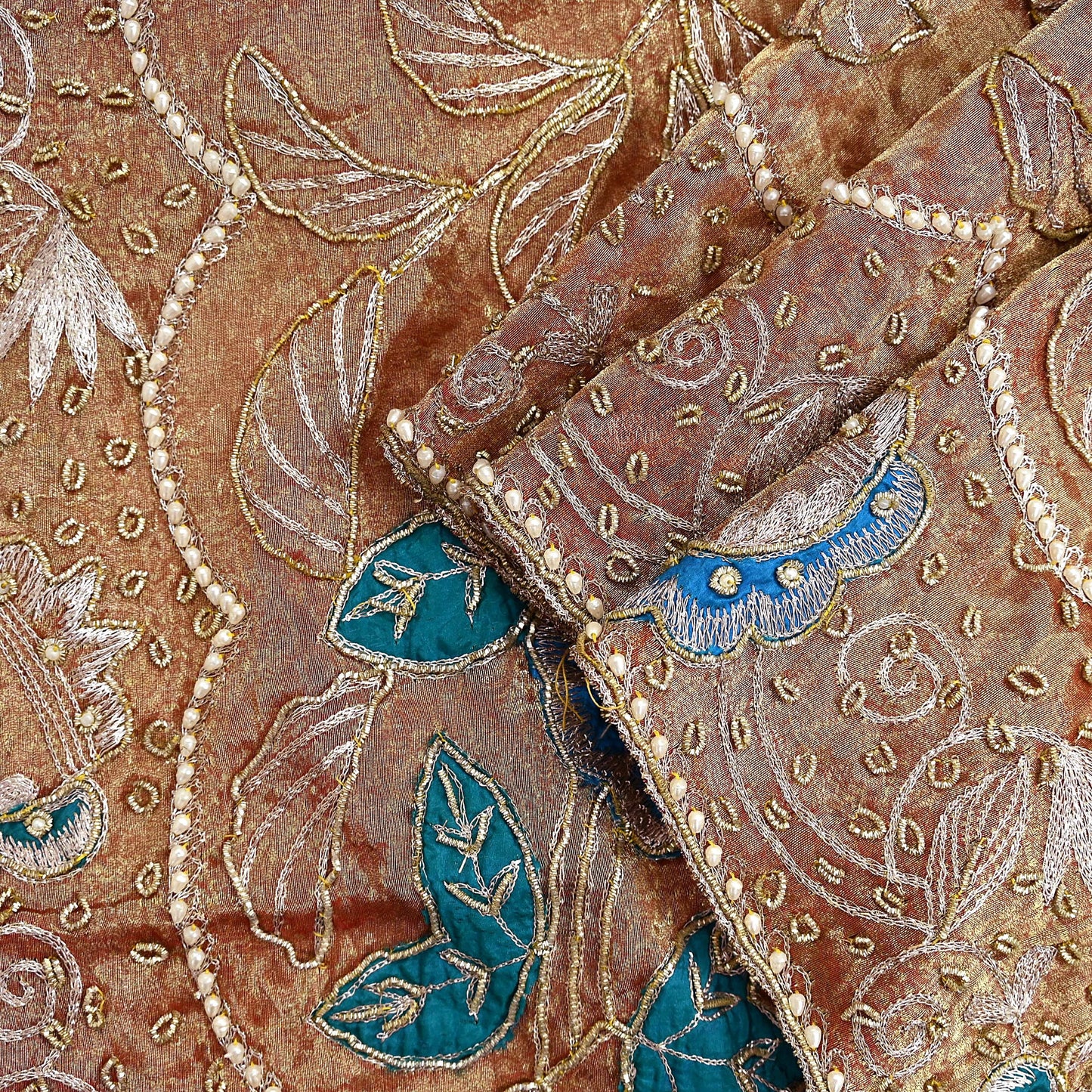 Indian Vintage Heavy Golden Dupatta Tissue Silk Long Stole Hand Embroidered Scarf Zari Zardozi/Dabka