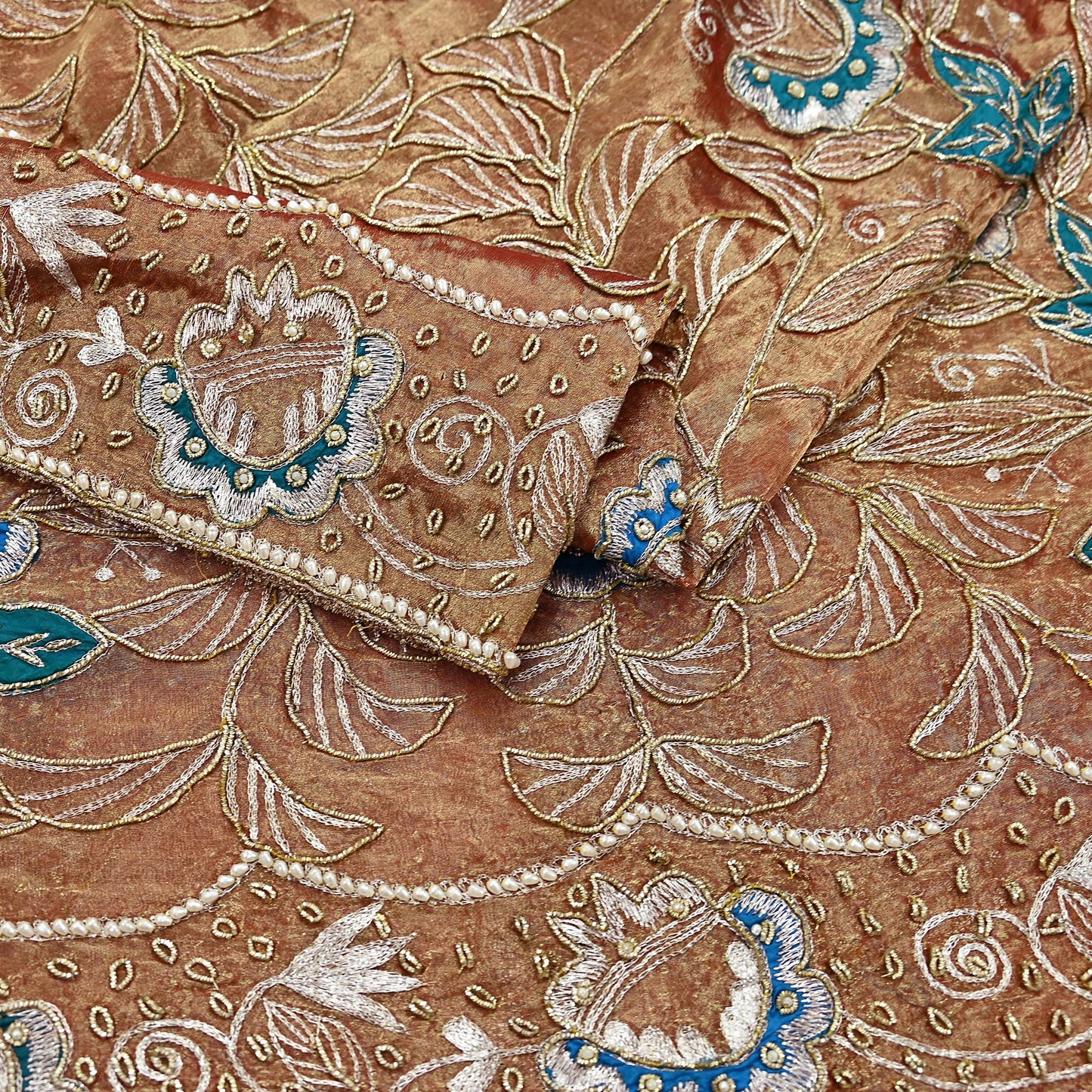 Indian Vintage Heavy Golden Dupatta Tissue Silk Long Stole Hand Embroidered Scarf Zari Zardozi/Dabka