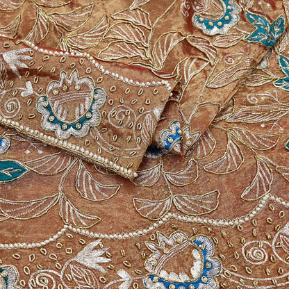 Indian Vintage Heavy Golden Dupatta Tissue Silk Long Stole Hand Embroidered Scarf Zari Zardozi/Dabka