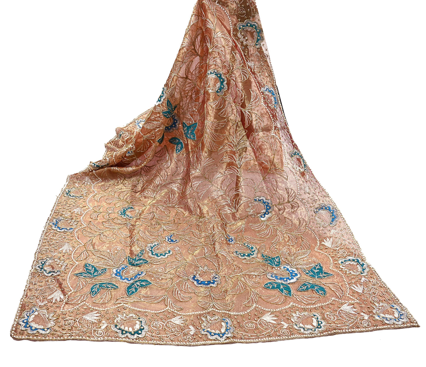 Indian Vintage Heavy Golden Dupatta Tissue Silk Long Stole Hand Embroidered Scarf Zari Zardozi/Dabka