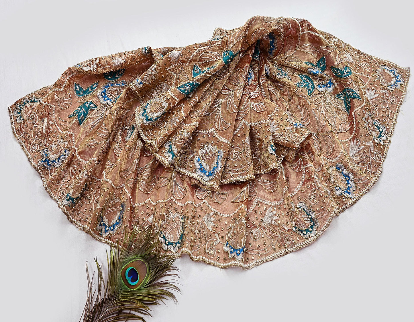 Indian Vintage Heavy Golden Dupatta Tissue Silk Long Stole Hand Embroidered Scarf Zari Zardozi/Dabka