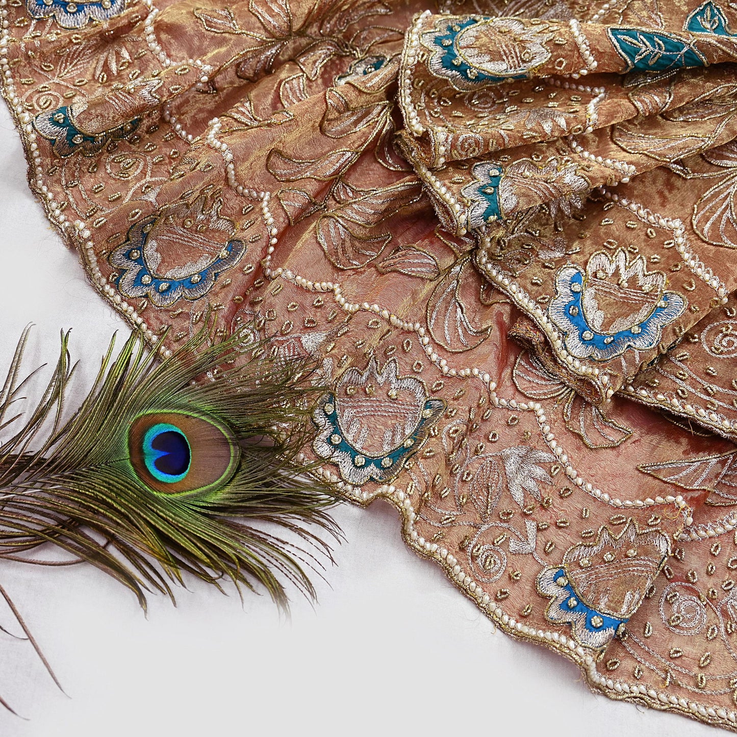 Indian Vintage Heavy Golden Dupatta Tissue Silk Long Stole Hand Embroidered Scarf Zari Zardozi/Dabka