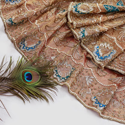 Indian Vintage Heavy Golden Dupatta Tissue Silk Long Stole Hand Embroidered Scarf Zari Zardozi/Dabka