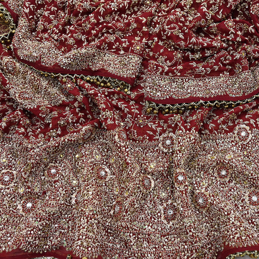 Indian Vintage Heavy Dark Red Bridal Dupatta Pure Georgette Silk Hand Embroidered Zardozi, Dabka, Zari Work Party Wear Long Stole