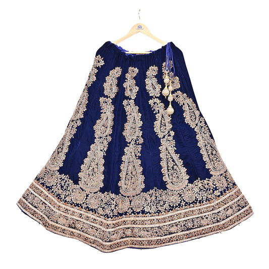Manish Malhotra Blue Velvet Lehenga Skirt Heavy Zardozi Dabka Embroidery Indian Bridal Wear, Designer Couture Wedding Outfit