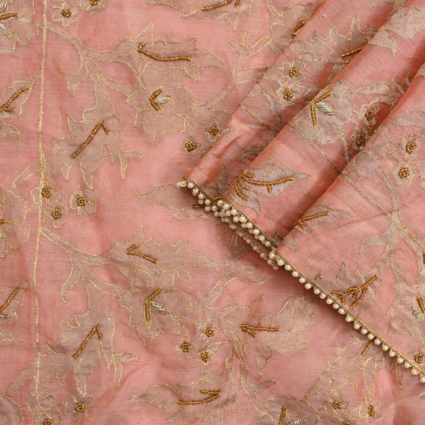 Indian Vintage Heavy Wedding Peach Dupatta Pure Organza Silk Long Stole Hand Embroidered Scarves Zardozi Zari Bridal Veil Wrap Hijab