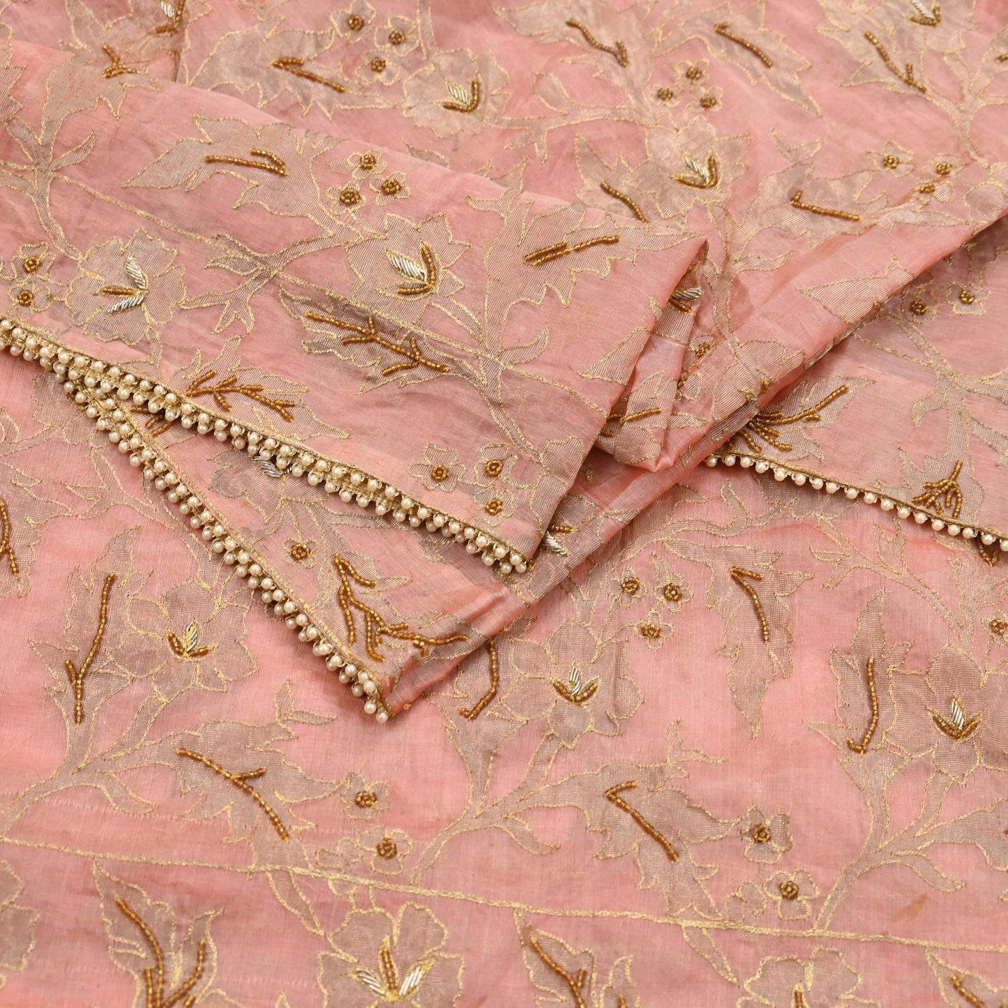 Indian Vintage Heavy Wedding Peach Dupatta Pure Organza Silk Long Stole Hand Embroidered Scarves Zardozi Zari Bridal Veil Wrap Hijab