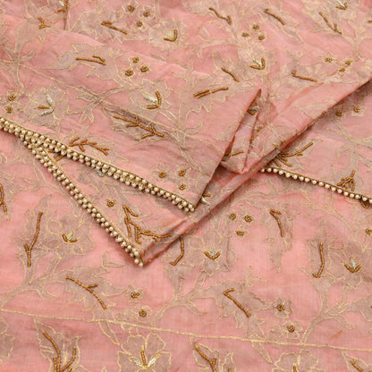 Indian Vintage Heavy Wedding Peach Dupatta Pure Organza Silk Long Stole Hand Embroidered Scarves Zardozi Zari Bridal Veil Wrap Hijab