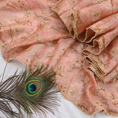 Indian Vintage Heavy Wedding Peach Dupatta Pure Organza Silk Long Stole Hand Embroidered Scarves Zardozi Zari Bridal Veil Wrap Hijab