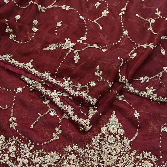 Indian Vintage Heavy Maroon Dupatta Net Mesh Long Stole Hand Embroidered Scarf Zardozi Zari Sequins Stole Bridal Veil